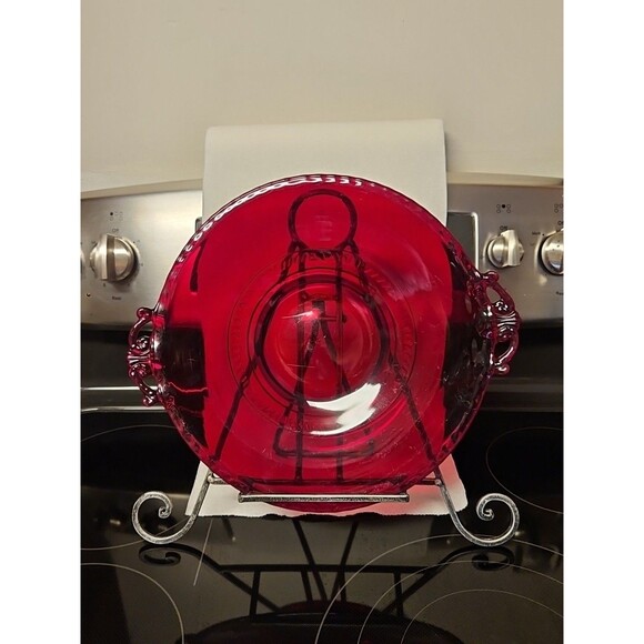 Vintage Paden City Red Depression Glass Filigree Gadroon Pattern Cheese Plate - Picture 12 of 13